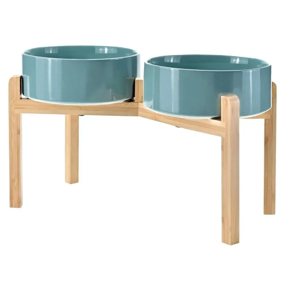 Elevated Ceramic Dog Bowls 60oz Bamboo Stand Dark Green Open Box